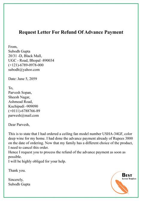 Sample Letter For Request Of Refund